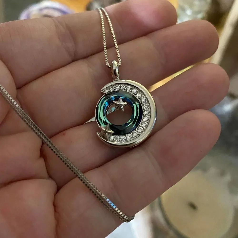 Moon & Star Blue Green Austrian Crystal Necklace